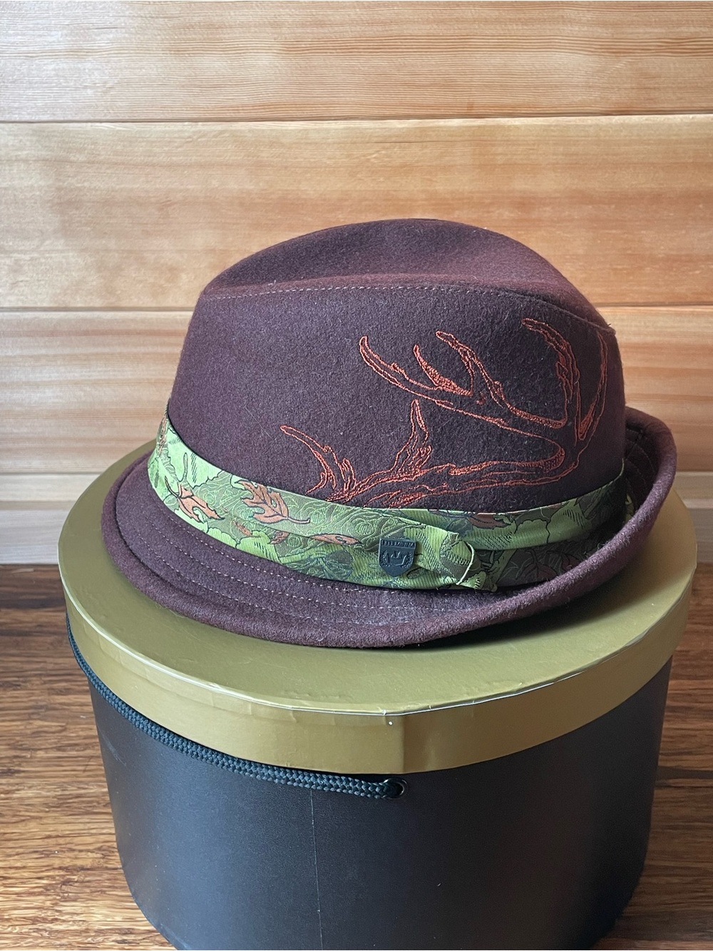 Goorin Bros Wool Blend Fedora Hat with Antler Embroidery and Green Leaf Hat Band